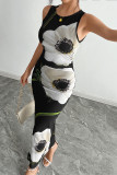 Elegant Floral Print Patchwork Mesh Contrast O Neck One Step Skirt Dresses