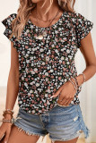 Daily Floral Print Flounce O Neck Tops