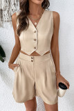 Casual Solid Color Buttons V Neck Sleeveless Two Pieces