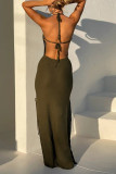Casual Solid Color Hollow Out Backless Strap Design Halter Long Dresses