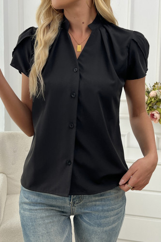 Casual Solid Color Buttons V Neck Tops