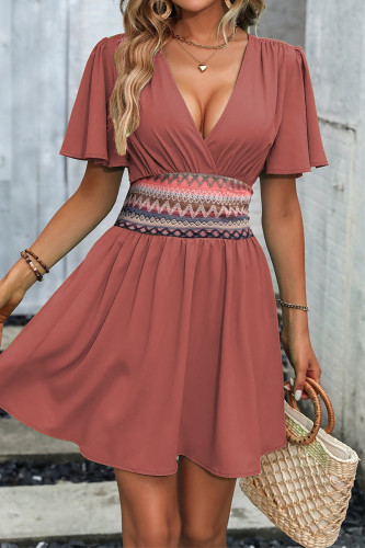Boho Solid Color Patchwork V Neck Waist Skirt Dresses