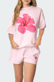 Casual Flowers Bow printing Contrast O Neck Short Sleeve Two Pieces