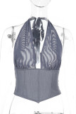Sexy Solid Color Backless Mesh Halter Tops