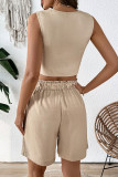 Casual Solid Color Buttons V Neck Sleeveless Two Pieces