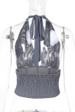 Sexy Solid Color Backless Mesh Halter Tops