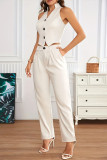 Casual Solid Color Pocket Buttons Ruched V Neck Sleeveless Two Pieces