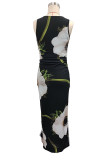 Elegant Floral Print Patchwork Mesh Contrast O Neck One Step Skirt Dresses