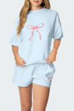 Casual Flowers Bow printing Contrast O Neck Short Sleeve Two Pieces