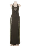 Casual Solid Color Hollow Out Backless Strap Design Halter Long Dresses