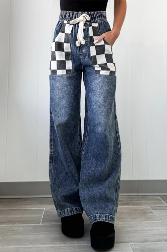 Street Plaid Draw String Pocket Contrast High Waist Loose Denim Jeans