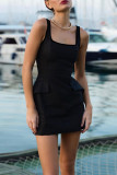 Sexy Solid Color Patchwork Square Neck Sling Dresses