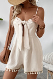Casual Solid Color Knotted V Neck Loose Rompers