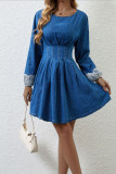 Casual Solid Color Lace O Neck Long Sleeve Denim Dresses
