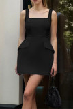 Sexy Solid Color Patchwork Square Neck Sling Dresses