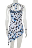 Sexy Leopard Print Lace Up Irregular Halter Irregular Dresses