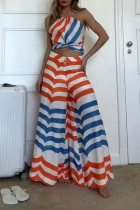 Casual Striped Print Backless Contrast Halter Sleeveless Two Pieces