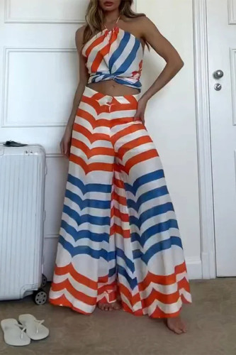 Casual Striped Print Backless Contrast Halter Sleeveless Two Pieces