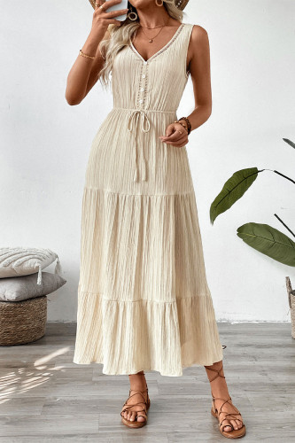 Casual Solid Color Lace Up Patchwork Ruched V Neck Sleeveless Dresses