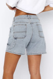 Casual Solid Color Distressed Pocket High Waist Loose Denim Shorts