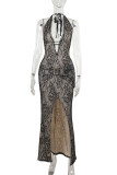 Sexy Solid Color Lace Backless Slit Halter Long Dresses