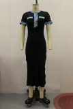 Elegant Colorblock Buttons Patchwork O Neck Short Sleeve Short Sleeve Dress