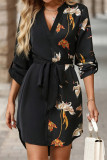 Casual Animal Print Lace Up V Neck Long Sleeve Dresses