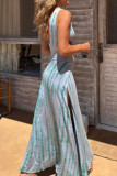 Sexy Tie Dye Print Hollow Out Contrast V Neck Long Dresses