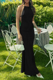Sexy Solid Color Backless Halter Long Dresses