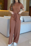 Casual Solid Color Draw String Turtleneck Short Sleeve Two Pieces