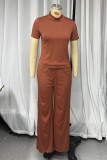 Casual Solid Color Draw String Turtleneck Short Sleeve Two Pieces