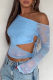 Sexy Solid Color Lace Draw String Sloping Shoulder Tops