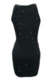 Sexy Solid Color Hollow Out Pocket Sequined O Neck Wrapped Skirt Dresses
