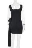 Sexy Solid Color Ruched ribbon Square Neck Wrapped Skirt Dresses