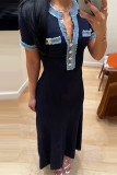 Elegant Colorblock Buttons Patchwork O Neck Short Sleeve Short Sleeve Dress