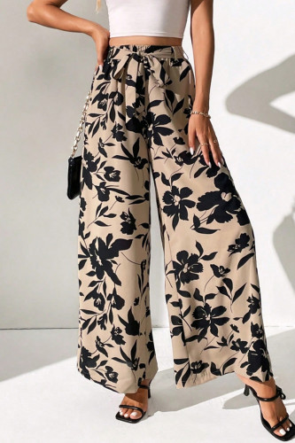 Casual Floral Print Lace Up Contrast Loose High Waist Wide Leg Full Print Bottoms