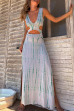 Sexy Tie Dye Print Hollow Out Contrast V Neck Long Dresses