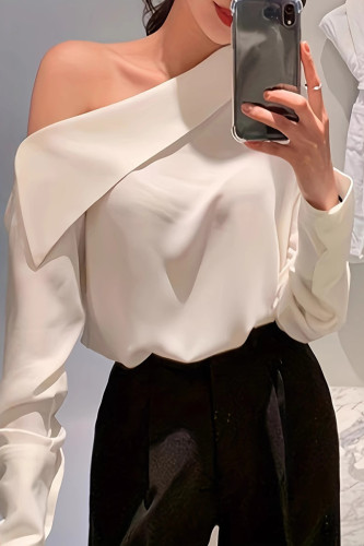 Sexy Solid Color Buttons Oblique Collar Tops