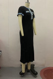 Elegant Colorblock Buttons Patchwork O Neck Short Sleeve Short Sleeve Dress