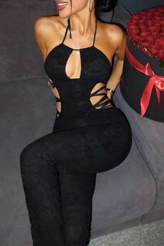 Sexy Solid Color Hollow Out Strap Design Halter Skinny Jumpsuits