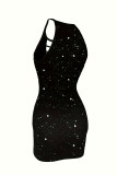 Sexy Solid Color Hollow Out Pocket Sequined O Neck Wrapped Skirt Dresses