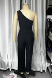 Casual Stripe Pocket Patchwork Contrast Sloping Shoulder Jumpsuits
