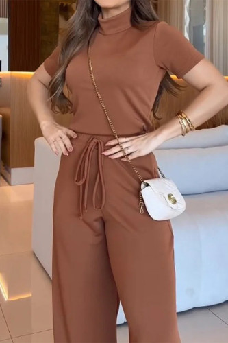 Casual Solid Color Draw String Turtleneck Short Sleeve Two Pieces