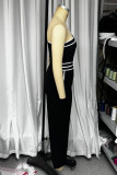 Casual Stripe Pocket Patchwork Contrast Sloping Shoulder Jumpsuits