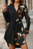 Casual Animal Print Lace Up V Neck Long Sleeve Dresses