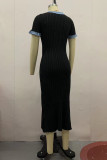 Elegant Colorblock Buttons Patchwork O Neck Short Sleeve Short Sleeve Dress