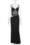 Sexy Solid Color Hollow Out Mesh V Neck One Step Skirt Dresses