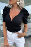 Sexy Solid Color Ruched V Neck Tops