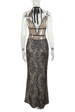 Sexy Solid Color Lace Backless Slit Halter Long Dresses