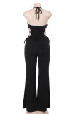 Sexy Solid Color Hollow Out Strap Design Halter Skinny Jumpsuits